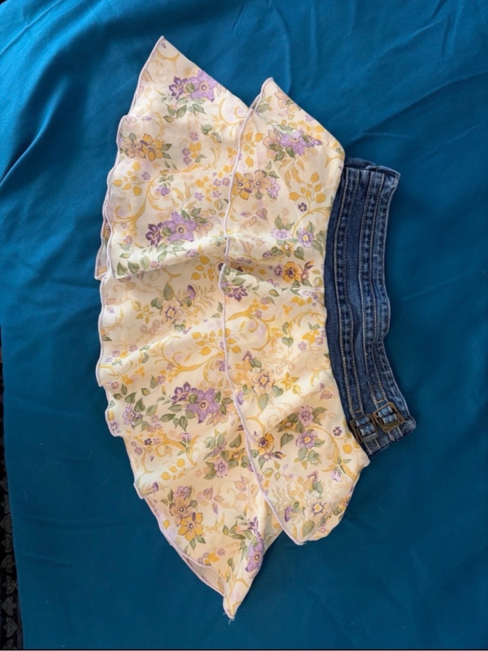 Floral Ruffle Skirt with Denim Waistband - Yellow & Purple